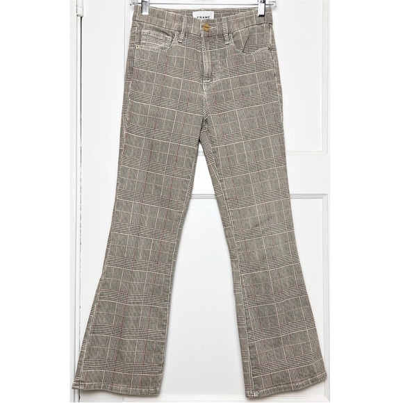FRAME 90s Houndstooth Plaid Check Denim High Waist Ankle Crop Kick Flare Jean 25 - Picture 6 of 13